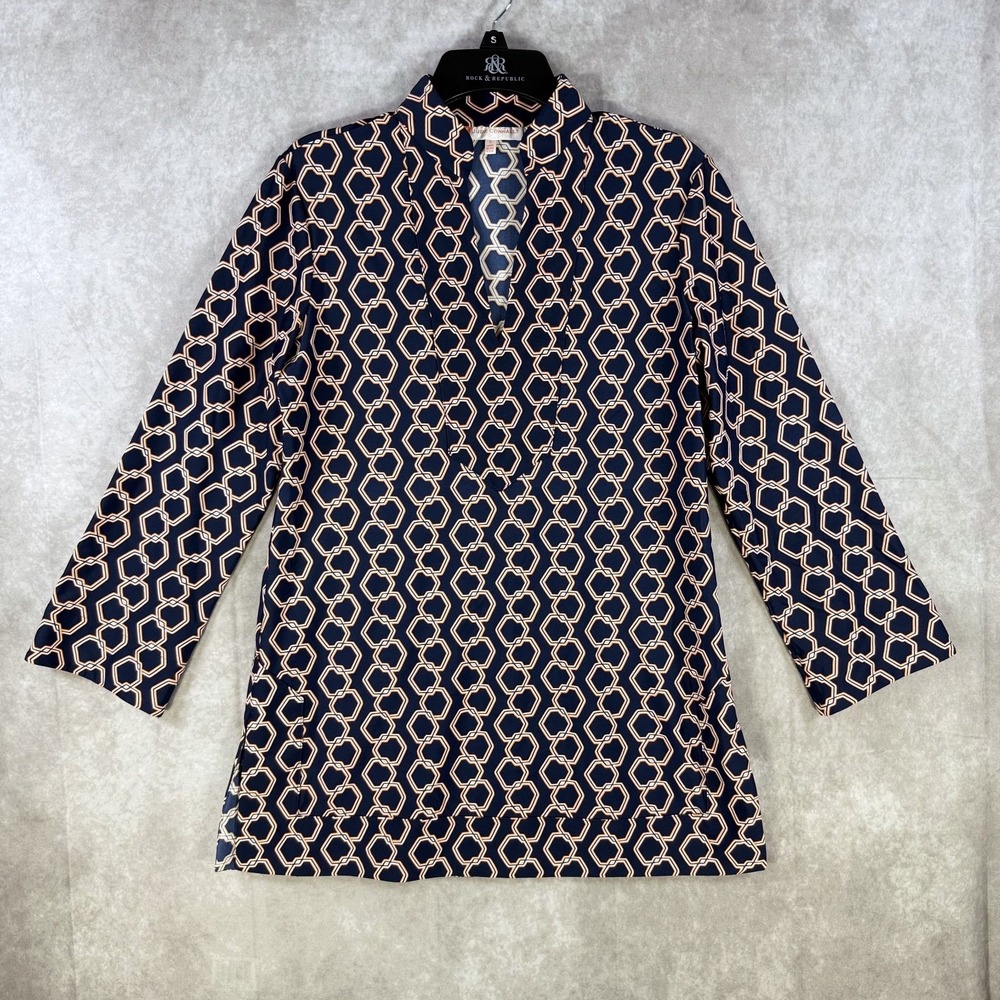 Jude Connally Tunic Small Navy V-Neck Orange Geometric Chain Link 3/4 Sleeve Top